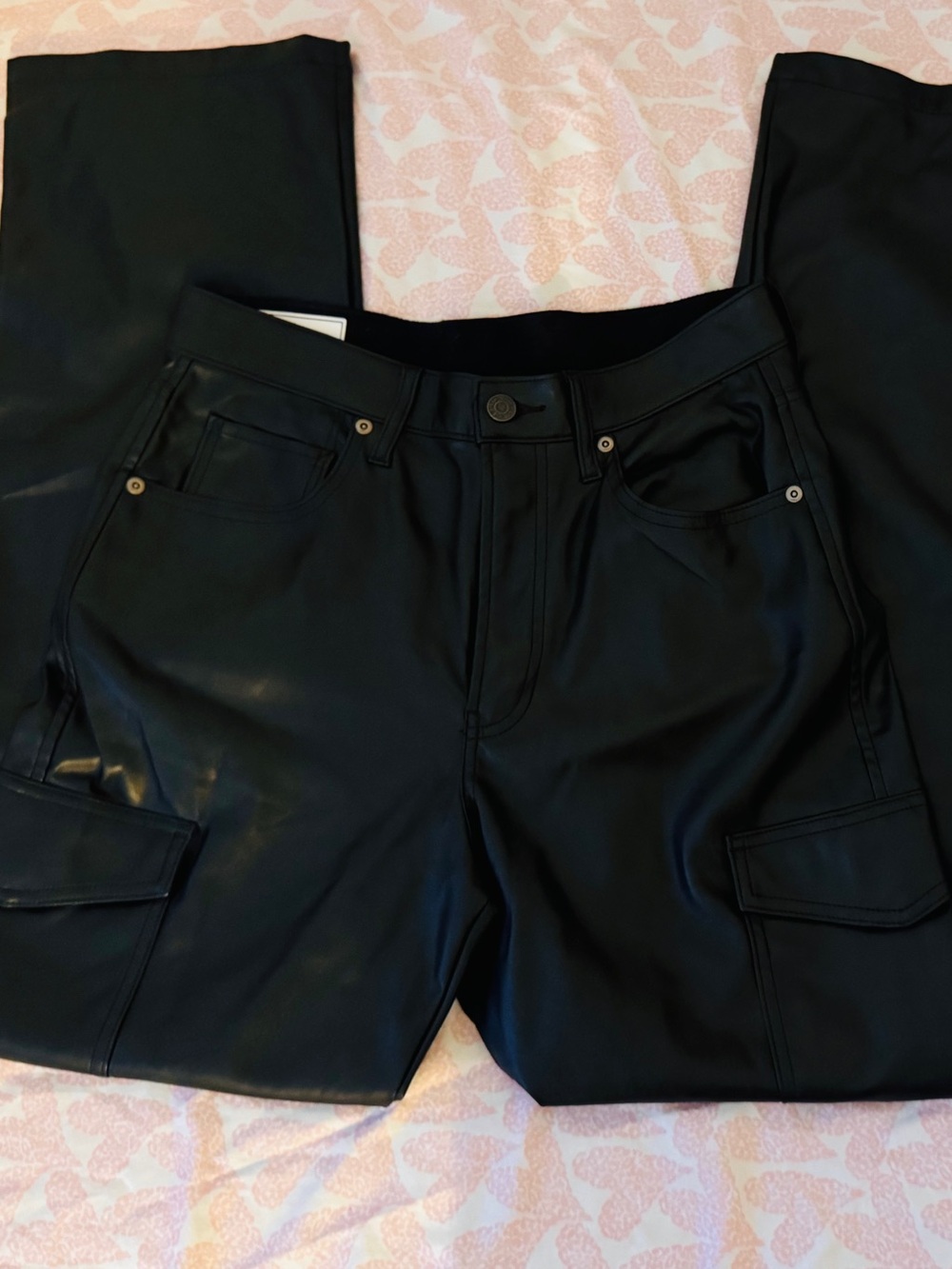 Black Faux Leather Cargo Pants